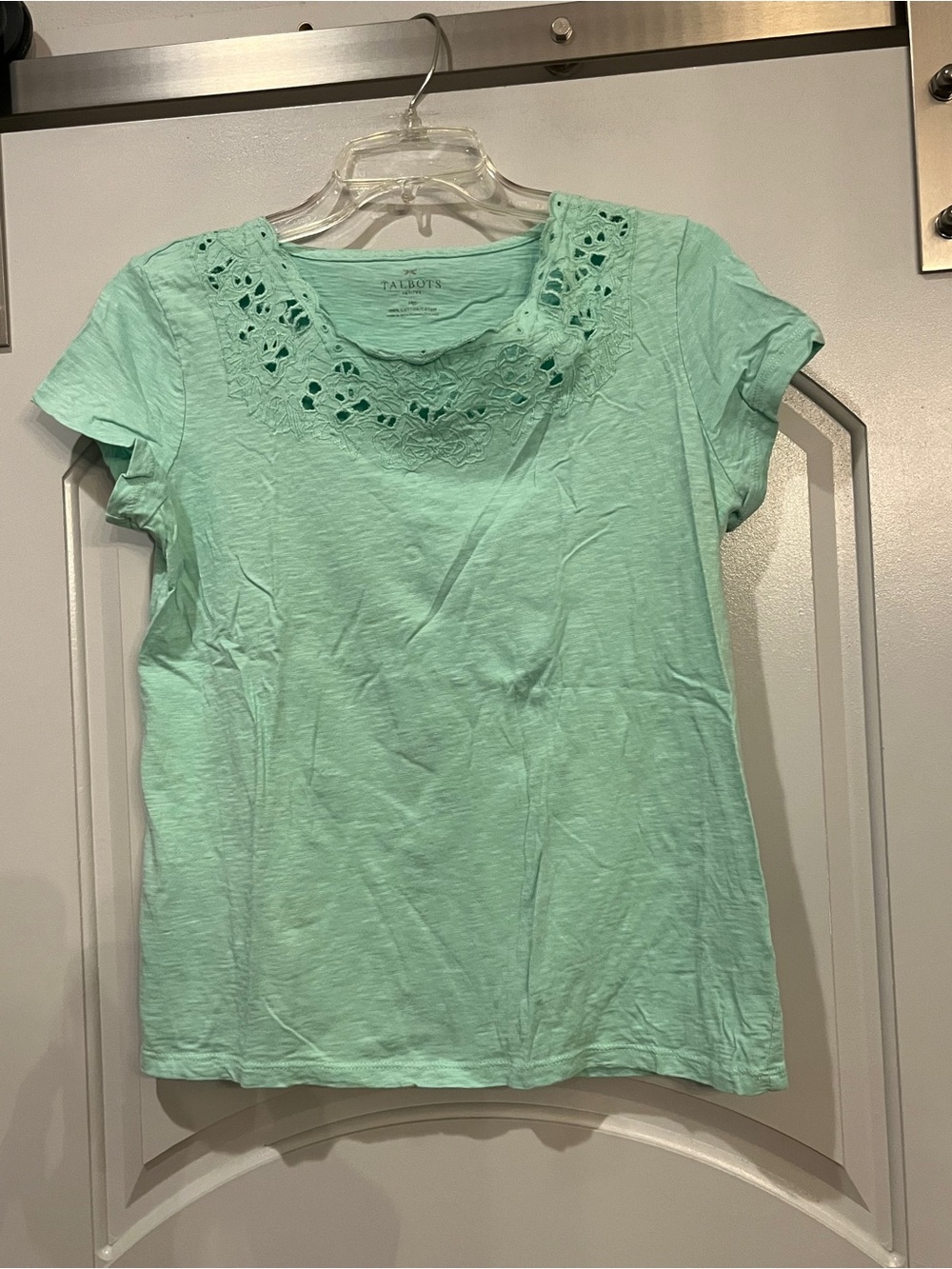 Talbots Mint Green Eyelet lace Yoke Short Sleeve Tee. Pretty color